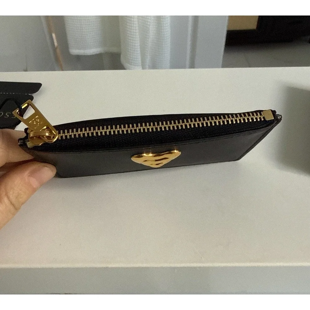 ESCADA Black Leather Gold Heart Zip Card Holder‎ Pouch Wallet